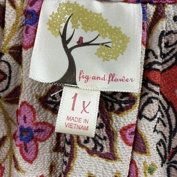 Fig and Flower Womens Top Plus 1X Colorful Tunic Semi Sheer Puff Sleeve Bohemian - Picture 2 of 9